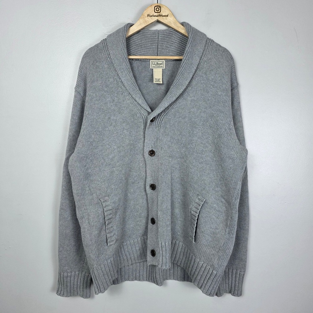 LL Bean Mens XL Shawl Collar Cardigan Sweater Gray Cotton Shaker Knit 0 JRY1